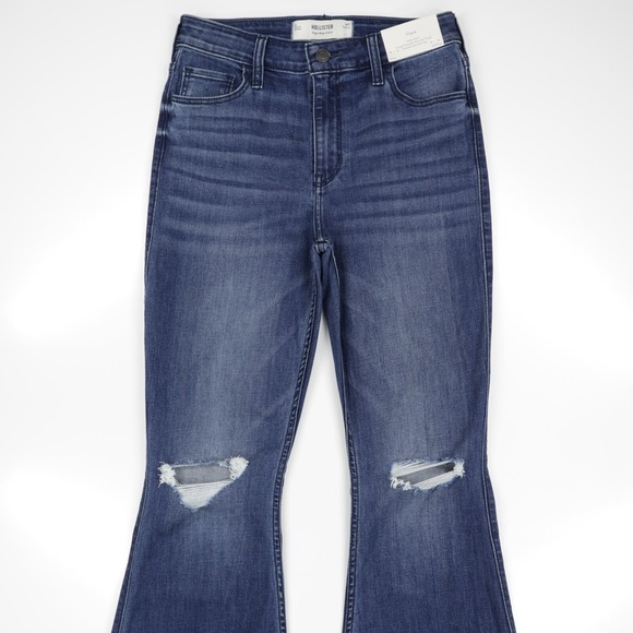 Hollister Women's High Rise Medium Wash Stretch Distressed Denim Flare Jeans 32 - Picture 2 of 11